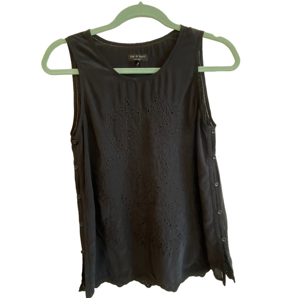 rag & bone Black Silk Eyelet Camisole Blouse Sleeveless Top Side Buttons XS/S - Picture 12 of 13